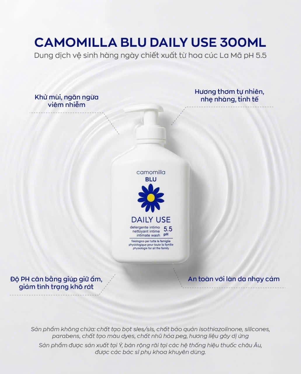 Dung dịch vệ sinh vùng kín Camomilla BLU Daily Use pH 5.5 300ml